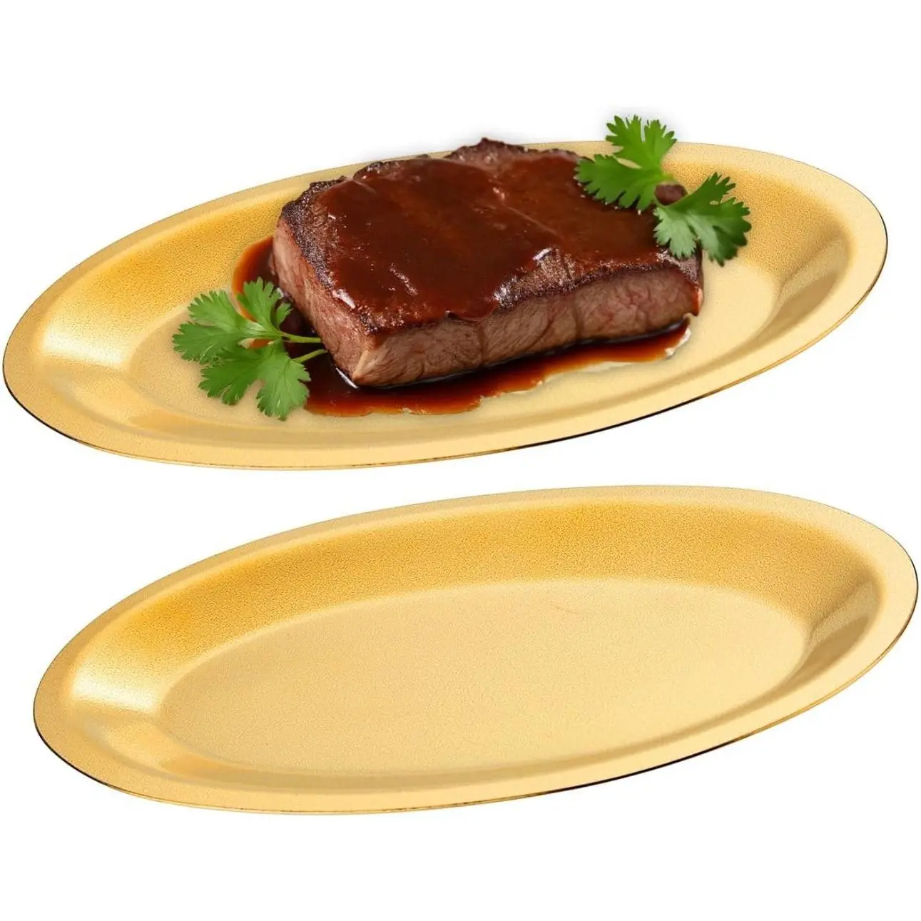 SANQIAHOME Classic Thick BPA-Free Sturdy Durable Die-Cast Geometric Egg-Shaped Dinner Plates - Adult 2-Piece 9.9*6.1in Stainless Steel Plates with Brushed Back, Imitation Silver Texture Gold/Silver Options (Dinner, Appetizer)