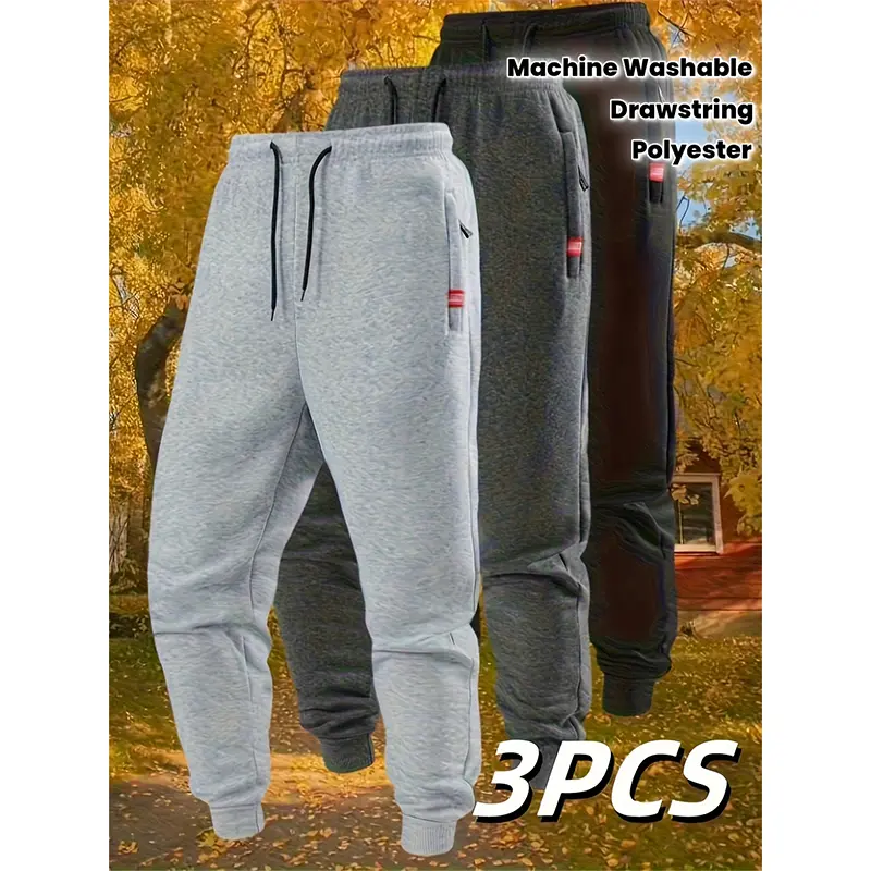 Men's 3-Pack Casual Athletic Pants - Durable, Versatile, Warm Polyester Fleece Joggers with Elastic Waistband, Machine Washable