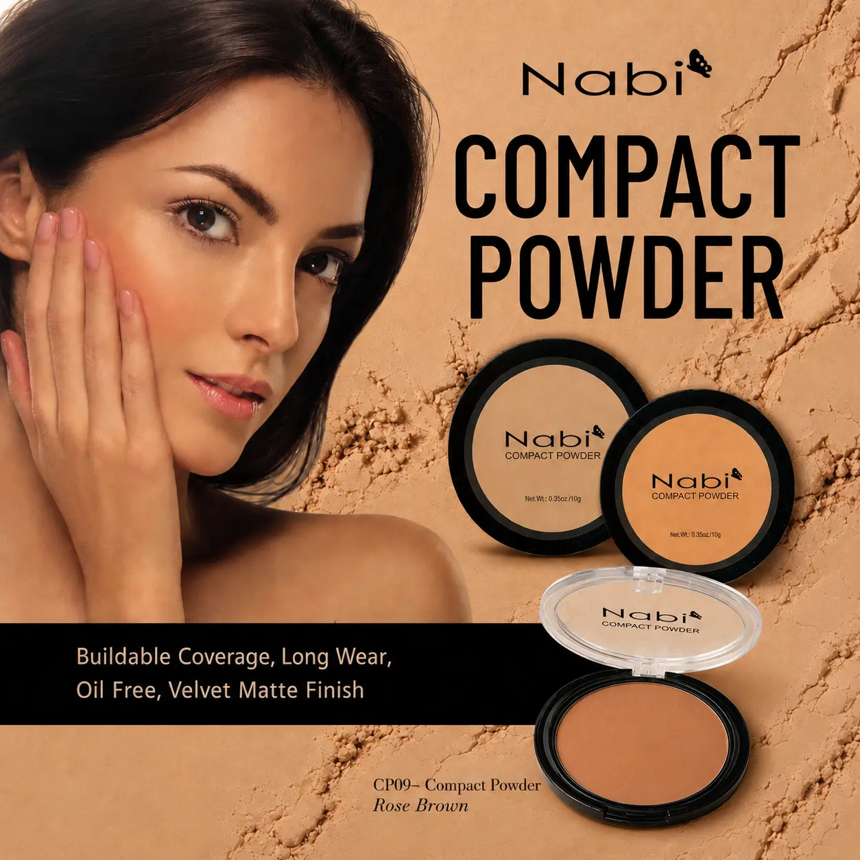Nabi Compact Powder CP-09 Rose Brown 0.35 oz 10 g Pressed Face Powder for Smooth, Even-Looking Makeup Coverage