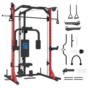 FAGUS H HG6205-RED Smith Machine Home Gym Power Cage with Pulley System Space Saving Design Squat Rack Full Body Strength Training Attachments PEC Station Fixed Cable Crossover Optional - Adjustable Workout Equipment