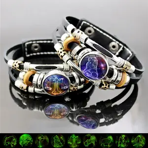 Glow in the Dark Leather 12 Zodiac Bracelet for Men and Women(6.9in/8.1in) Constellation Horoscope Jewelry Premium Genuine Leather Adjustable Strap Vintage Wrap Design Ideal Gift for Astrology Lovers