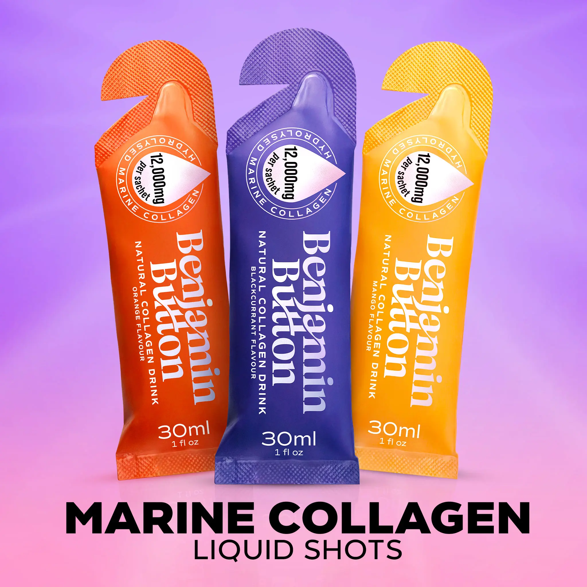 Marine Collagen Liquid Shots 12,000mg | Hydrolyzed with Vitamin C & Hyaluronic Acid | 14 Ready-to-Drink Daily Servings 30ml | Gluten Free | Skin Glow Hair & Joints | Mango Orange Berry | Collagen Supplement