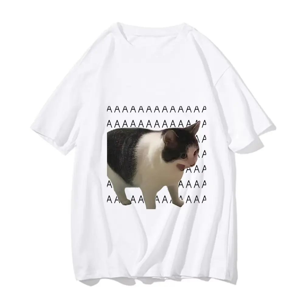 Menswear Sad Crying Cat Meme Graphic Top - Streetwear Short-Sleeve Animal Printed Casual T-Shirt for Men, Funny Fashion Harajuku Clothes, Shortsleeve