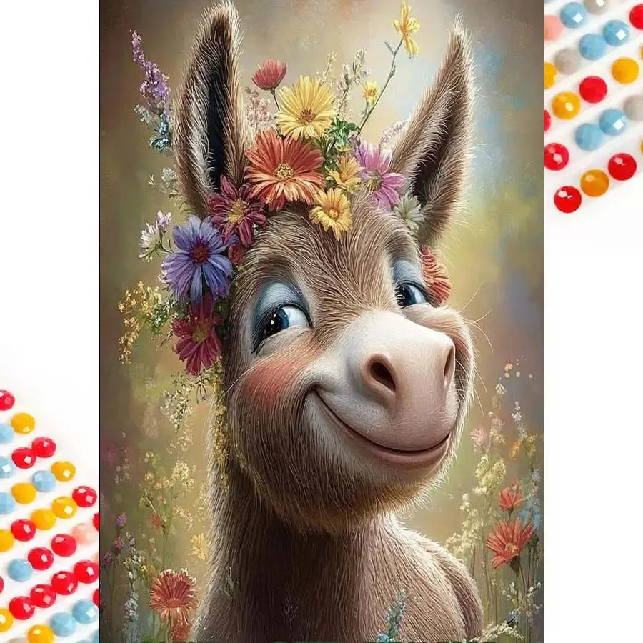 5D DIY Full Drill Round Diamond Painting - Diamond Art Kit Smiling Donkey Wreath Mosaic, Canvas - DIY Decoration Painting, Home Wall Decor, Craft, Suitable for Halloween and Christmas, Birthday and Anniversary Gifts, Diamond Painting Kits