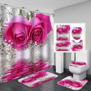 Zen Spa Pink Romantic Rose Pattern Design, 4-piece shower curtain set, modern floral bathroom decoration accessories, with carpet (bath mat, U-shaped, toilet lid) and 12 durable hooks, non slip floor mat, waterproof forest shower curtain, polyester fiber
