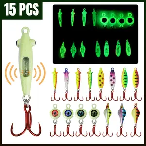 15pcs Glow-in-the-Dark Ice Fishing Jigs Set with Rattling Spoons & Treble Hooks - Glow Ice Lures Kit Suitable for Bass, Crappie, Panfish - Winter Fishing Gifts for Men, Anglers (Christmas, New Year)