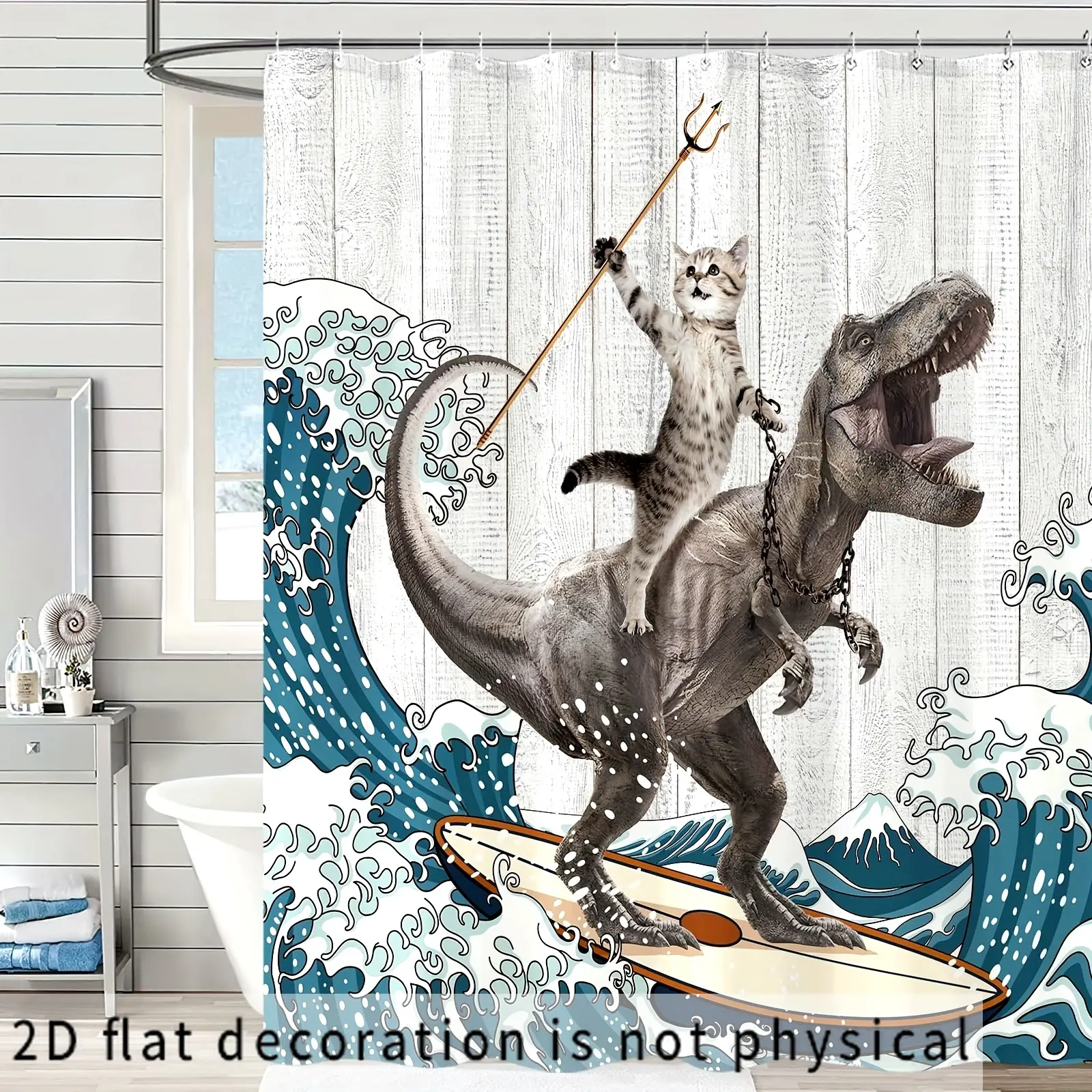 2D Flat 1pc 70.9x70.9 Inch Surfing dinosaur ocean shower curtain, fun cat shower curtain, Funny shower curtain, Decorative shower curtain, wave bathroom shower curtain set, bathroom set with 12 hooks Bathroom Accessory, Bathroom Decoration Accessories