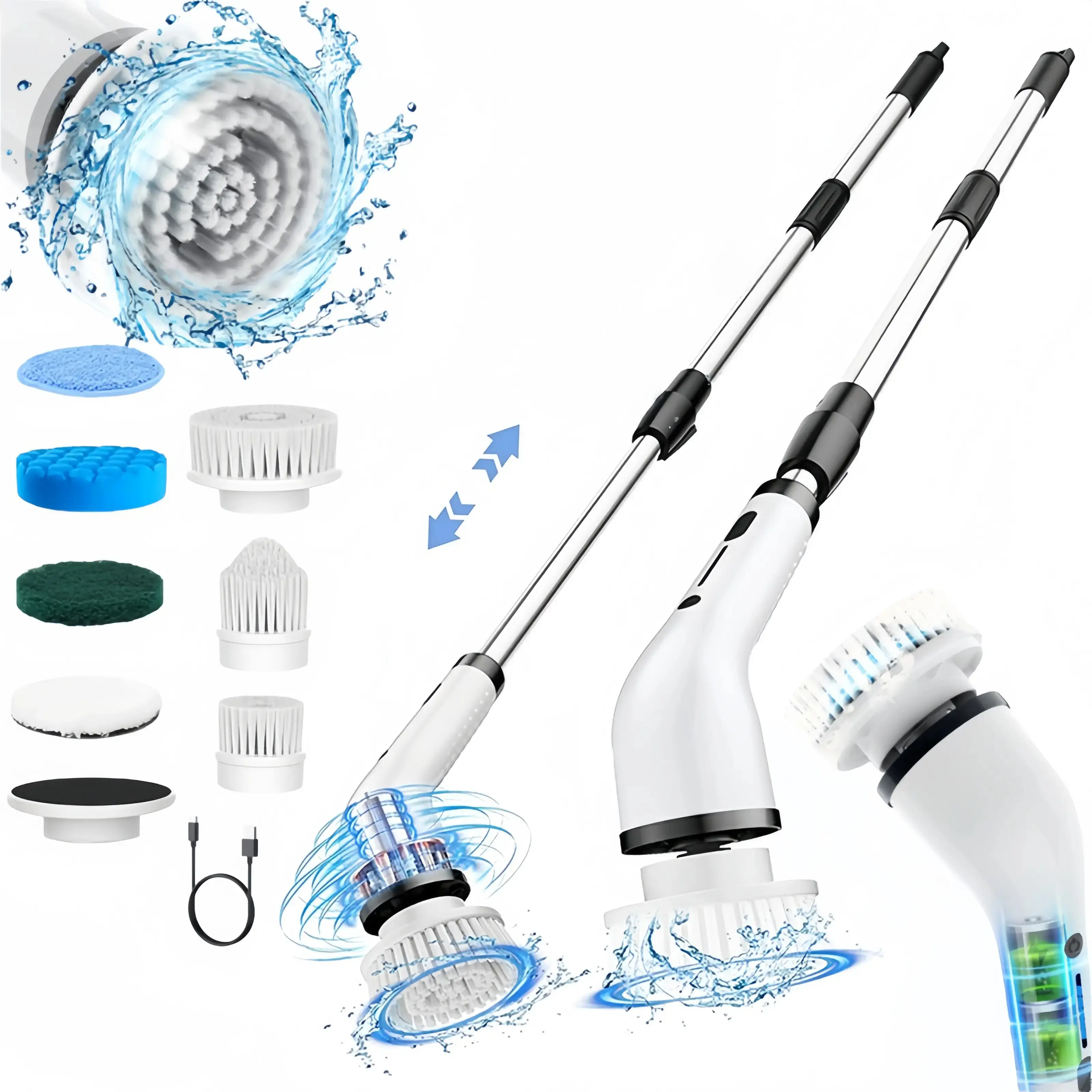 Electr Spin Scrubber Cordless Shower Cleaner with 8 Replaceable Brush Heads,3-Length Extendable Handle,Dual Speed,IPX7 Waterproof LED Display Cleaning Tool for Bathroom,Kitchen,Tub,Tile,Car & More,Cleaning Set,DealsForYouDays