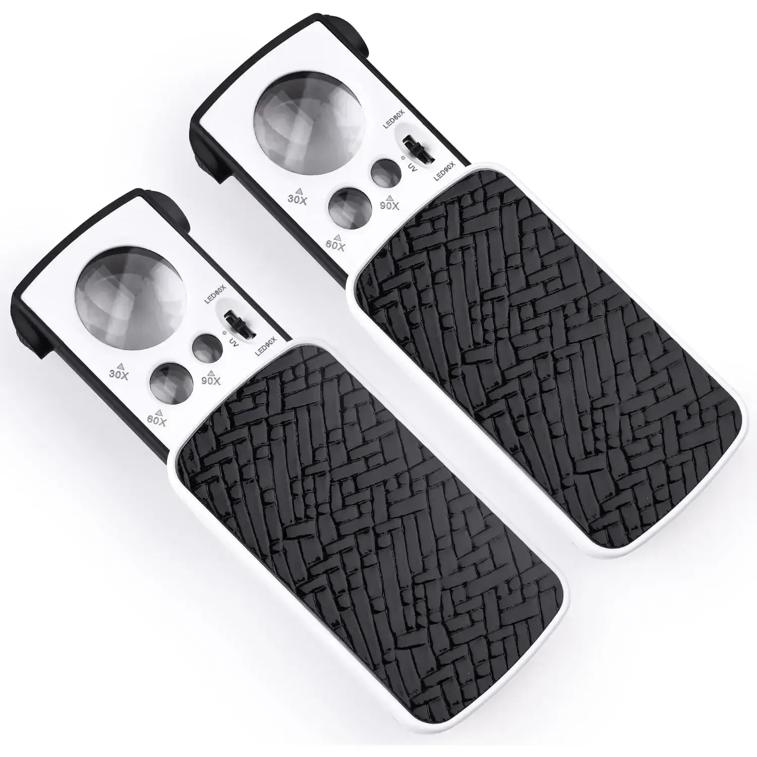 Portable Magnifying Glass Jewelers Loupe Set (2-Piece, Black) - 30X/60X/90X Magnification, Slide-Out Lighted Eye Loupe with LED/UV Lights for Antiques, Mini Sized Products