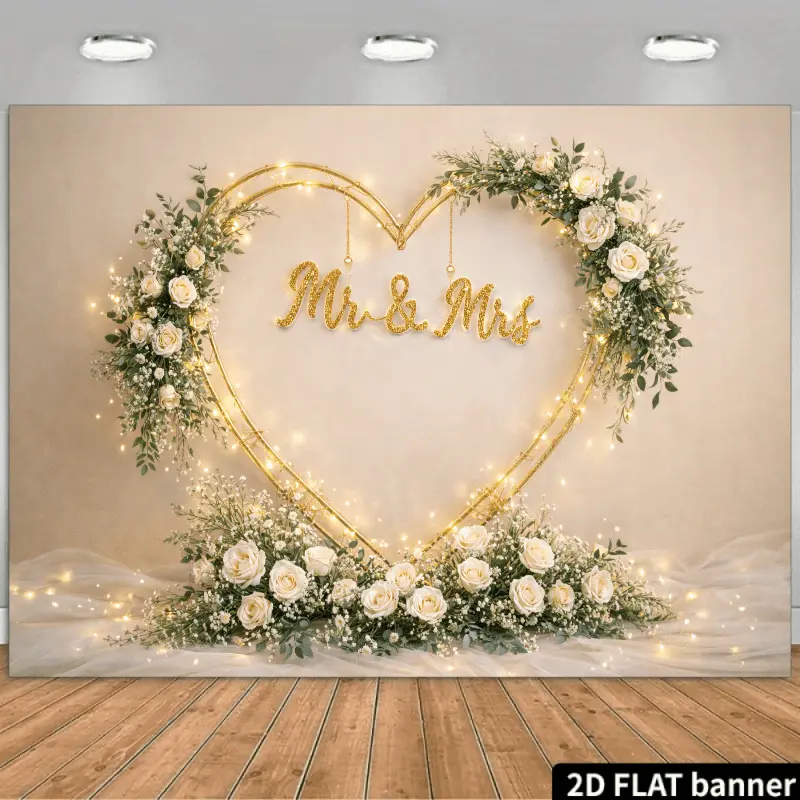 Minimalist Boho Flower Wedding Backdrop - Golden Heart & White Rose Hanging Wall Decor Banner, Cozy Bridal Shower Party Decor Supplies, Romantic Photo Background, Room