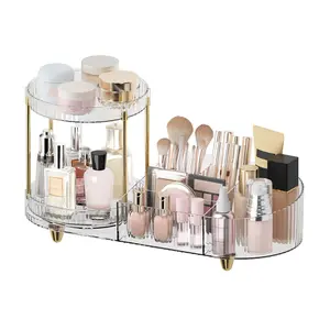 Makeup Organizer Countertop for Vanity, Rotating Perfume Tray with 5-compartment  and Skincare Organizers, Multi-Purpose Desk Storage Makeup Brush Holder for Bathroom Bedroom Counter