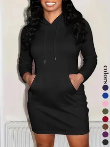 Women's Solid Drawstring Hooded Sweatshirt Dress, Casual Long Sleeve Pocket Dress for Fall & Winter, Ladies Clothes for Daily Wear, Womenswear, Fabric