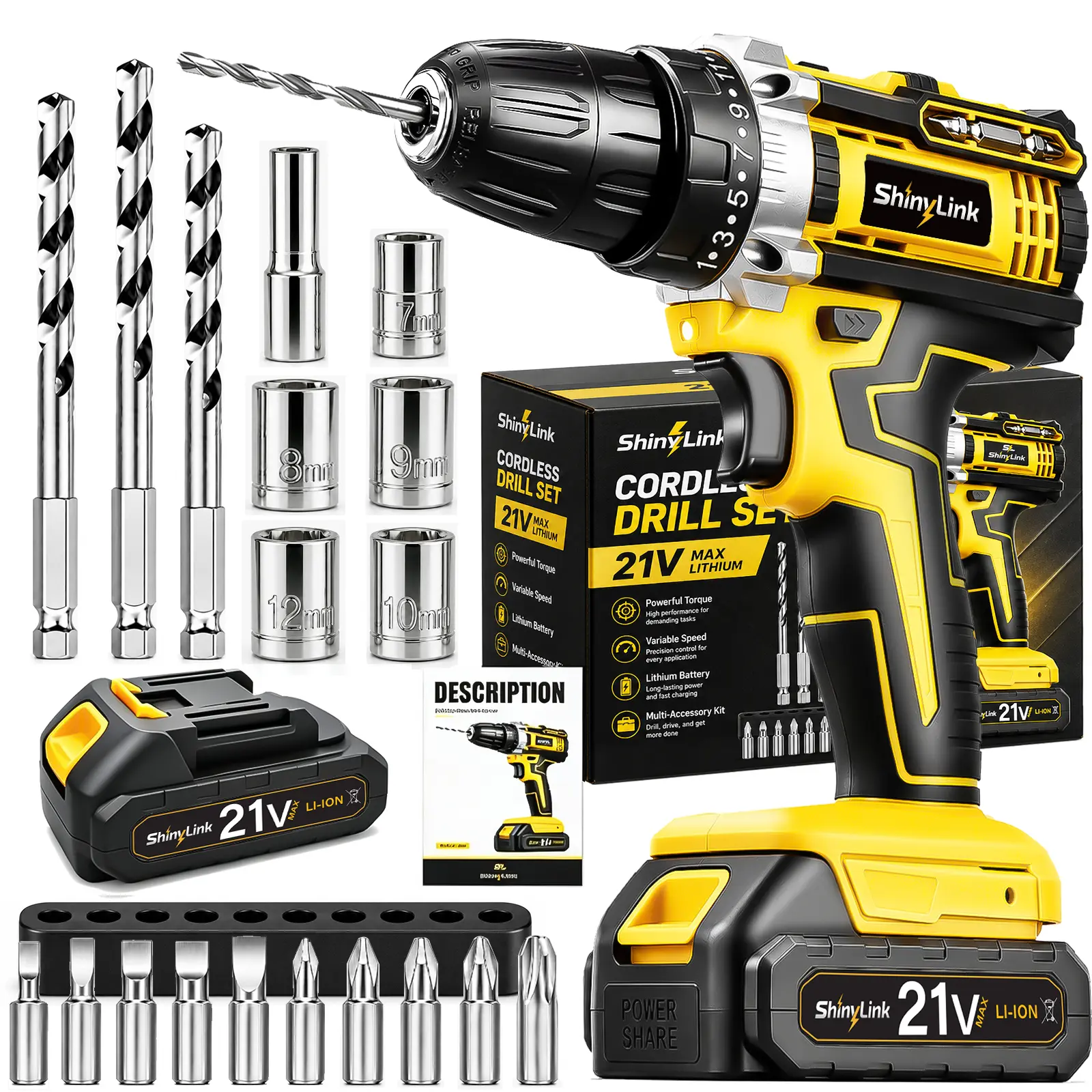 21V Cordless Rechargeable Drill Tool Set with 2 Batteries, Drill Driver, Hand Tools, Screwdriver, Bit Set & Storage Case for Home Repair Tasks