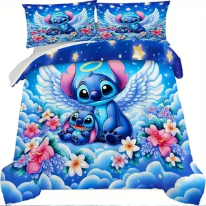 [mothers day gift ideas] DISNEY CLASSIC 3-piece Cozy Angel Stitch Pattern Bedding Set with 1 Duvet Cover + 2 Pillowcases, No Filling, Printed Bedding Set, Soft and Comfortable, Suitable for Bedroom and Guest Room Use