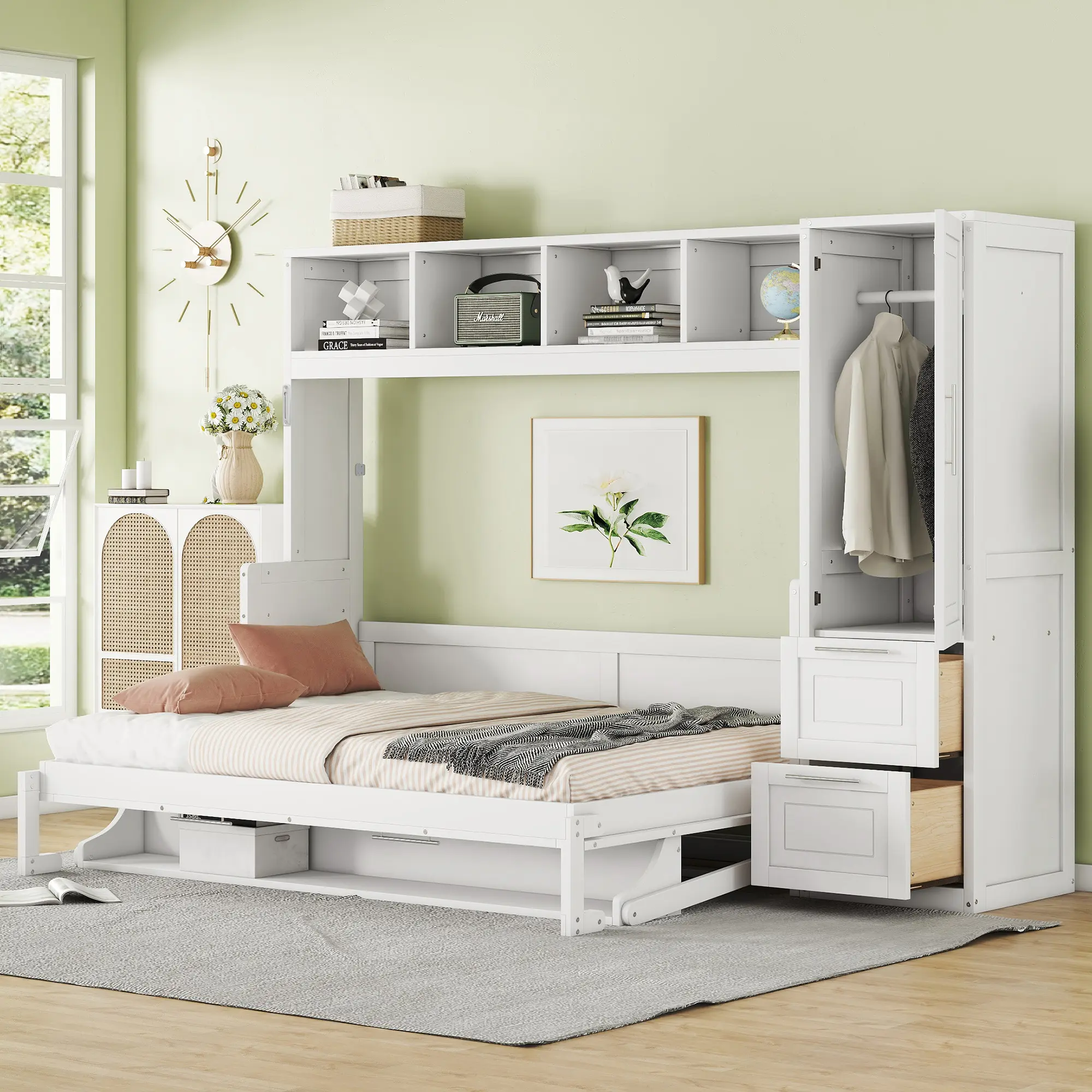 Foldable Wall Bed with Wardrobe and Drawers, Full Size, Space-Saving Murphy Bed Combo, White MDF+LVL, 58W x 107.5D x 72H in, Multiple Size and Color Options