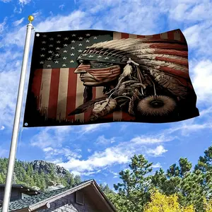 Native American Chief & US Flag Banner!Powerful blend of Indigenous heritage and American pride, durable fabric, perfect for honoring roots!