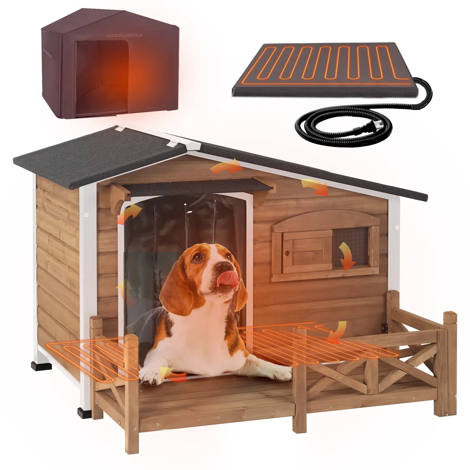 Aivituvin-AIR7024-IN-HP Solid Wood Outdoor Heated Dog House - Metal Frame, 6-Sided Detachable Insulation Liner, Spacious Porch, Raised Floor, All-Season, Chew-Resistant Safe Heated Pad, 89–116°F Pad Temperature Control