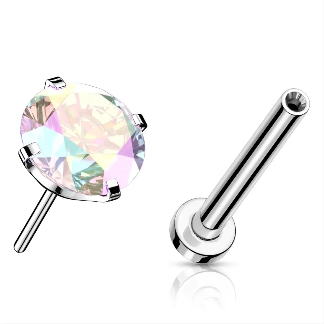 20G/18G/16G Aurora Borealis Threadless Flat Back Studs • Push Pin Labret • Flat Back Earring • Tragus Stud • Flat Back Nose Stud • Helix Stud • Cartilage Stud • Threadless Nose Stud • Cubic Zirconia Stud • Implant Grade Titanium • Silver Flat Black Stud