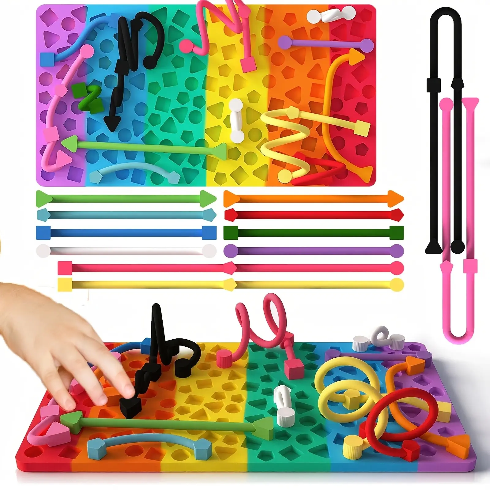 Sensory Activity Board, Sensory Stress Reliever, Stress Relief Anxiety ADHD Fidgets Silicone Quiet Toddler Sensory Toy, ADHD & Autism Sensory Toys for Kids & Adults | Includes Portable Travel Bag & 12 Strings, Fidget Gift Set