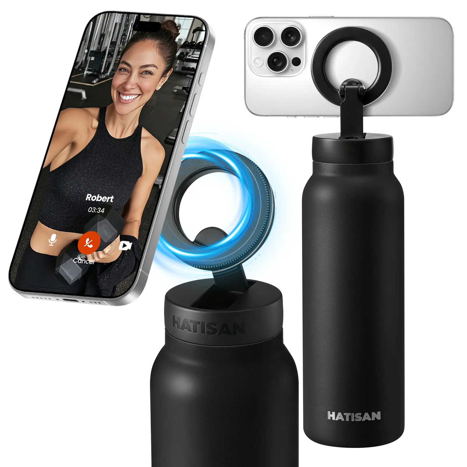HATISAN Solid Stainless Steel Vacuum Flask Tumbler - Magnetic Insulated, MagSafe-Compatible Phone Holder, 25-36hr Cold Hold, Polypropylene Parts, Durable Portable Water Bottle for Gym, Travel