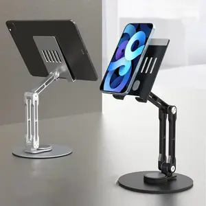 Rotating Tablet & Smartphone Stand, Tablet Mount Stand, Aluminum Alloy Tripod Stand with Rotating Base, 360° Adjustable Angle, Foldable Design for Devices up to 15 Inches, Multi-Scene Use, Compact Folding Tablet Holder Stand