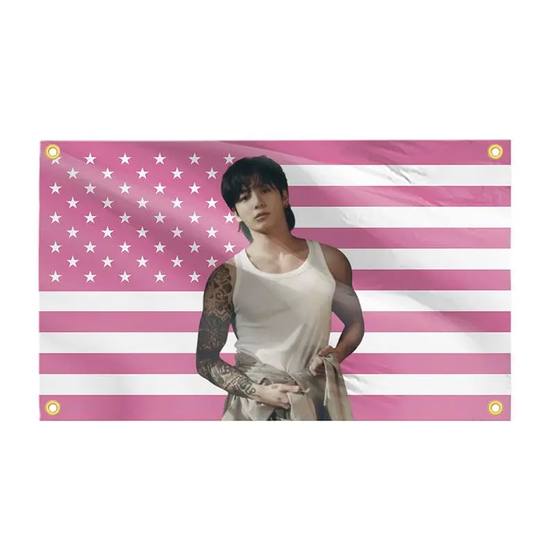 Synthetic Durable Polyester Jungkook Pink American Flag Kpop Idol USA Tapestry, 60in x 40in Hanging Banner for College Students’ Man Cave, Bedroom Decor