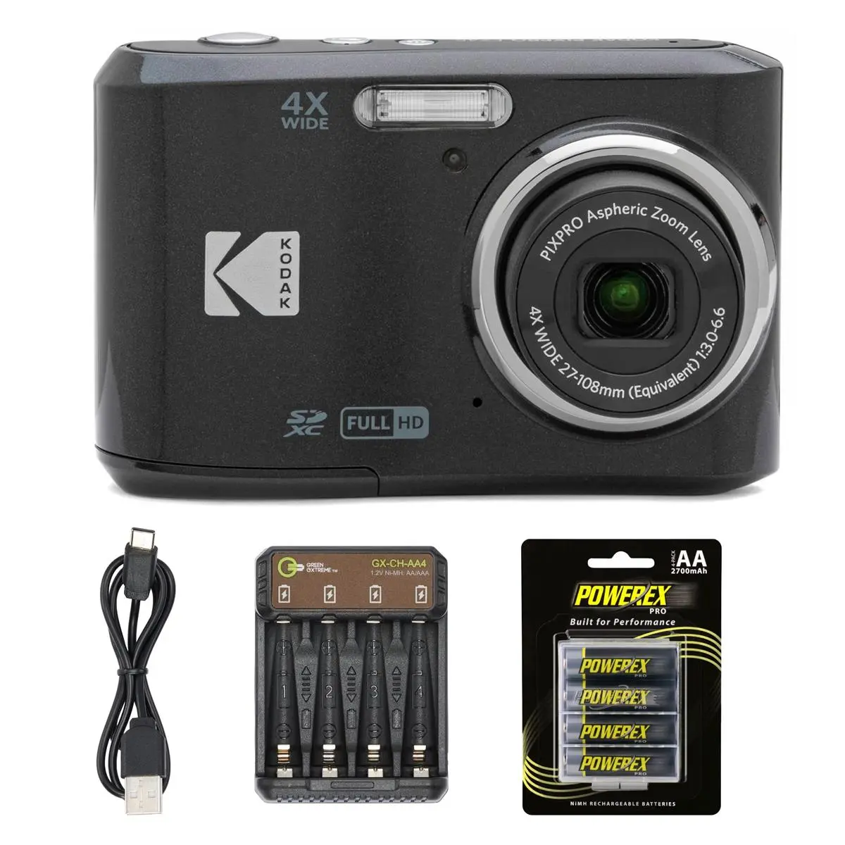 Kodak PIXPRO Friendly Zoom FZ45-BK 16MP Digital Camera with 4X Optical Zoom 27mm Wide Angle and 2.7" LCD Screen (BLack) + 4-Pack Rechargeable AA Batteries, + Green Extreme Charger for AA/AAA