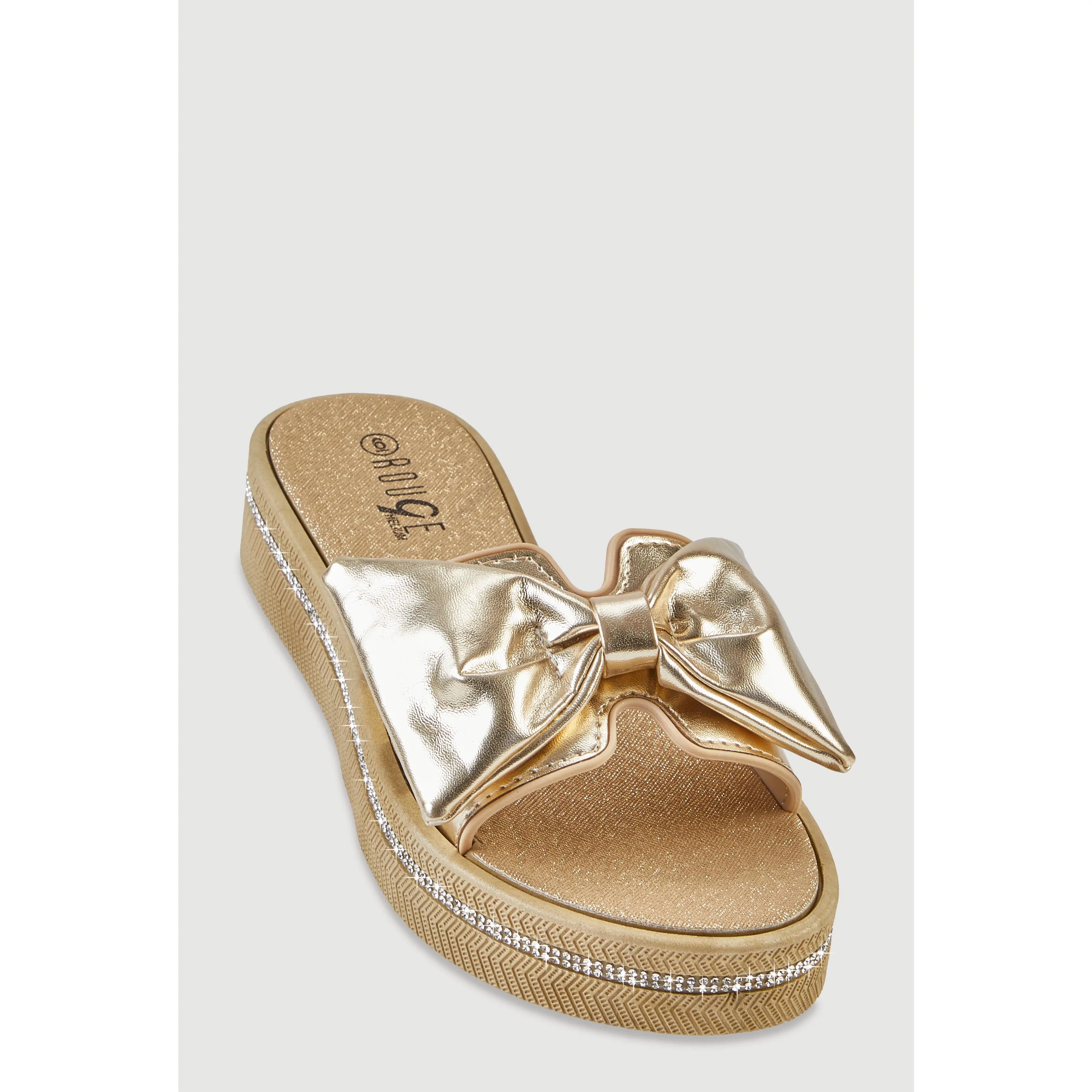 Bow Detail H Band Slide Sandals with Rhinestone Trim