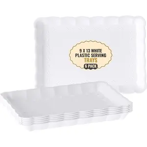White Heavy-Duty Disposable Plastic Plates, 6-Pack 9x13 Inch Serving Trays & Platters, Home & Festive Party Disposable Tableware Supplies