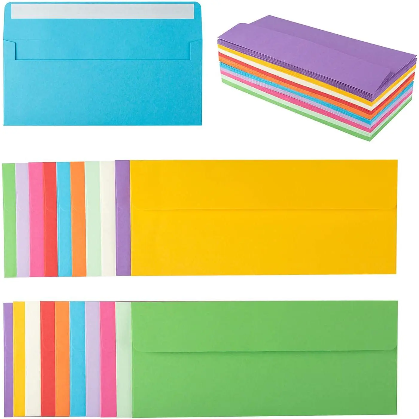 50-Pack Assorted Color #10 Self-Seal Paper Envelopes, 4.13x9.49 Inches Stationery Office Supplies for Office Checks, Business Letter Mailing