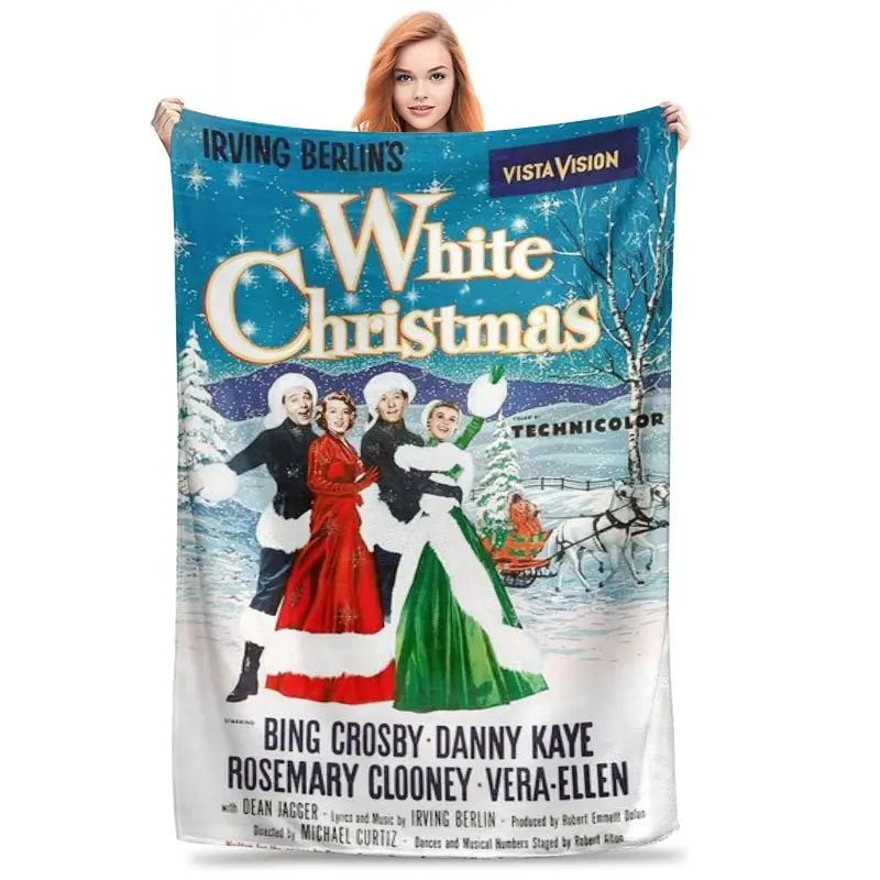 White Christmas Movies Printed Cotton Flannel Blanket - Wrinkle Resistant, Breathable, Glam, All-Season Comfort, Modern Style, Suitable for Sofas & Beds, Ideal Birthday & Holiday Gift