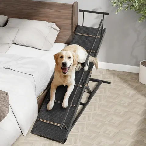 Dog Ramp for Bed, Folding Portable Wooden Dog & Cat Ramps for Couch or Bed, Including Non Slip Mat & Safety Side Rails, 64.2 Inch Long and Height Adjustable from 13.4 Inch to 38 Inch Up to 110 Lbs PA923