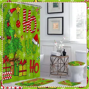 Christmas Theme 5.9 x 5.9Ft Shower Curtain Set with Non-Slip Mat U-Shaped Rug & Toilet Lid Cover Festive Green Tree Design for Bathroom Decor 4-Piece Set with 12 Hooks Sticky Hook