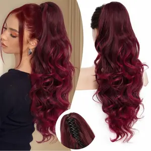 Burgundy Ponytail Extension, 24" Claw Clip in Ponytail Extensions Fluffy Soft Long Curly Wavy Wine Red Synthetic Ponytail Hair Extension Jaw Clip on Pony Tails Hairpiece for Women - Outdoorfun