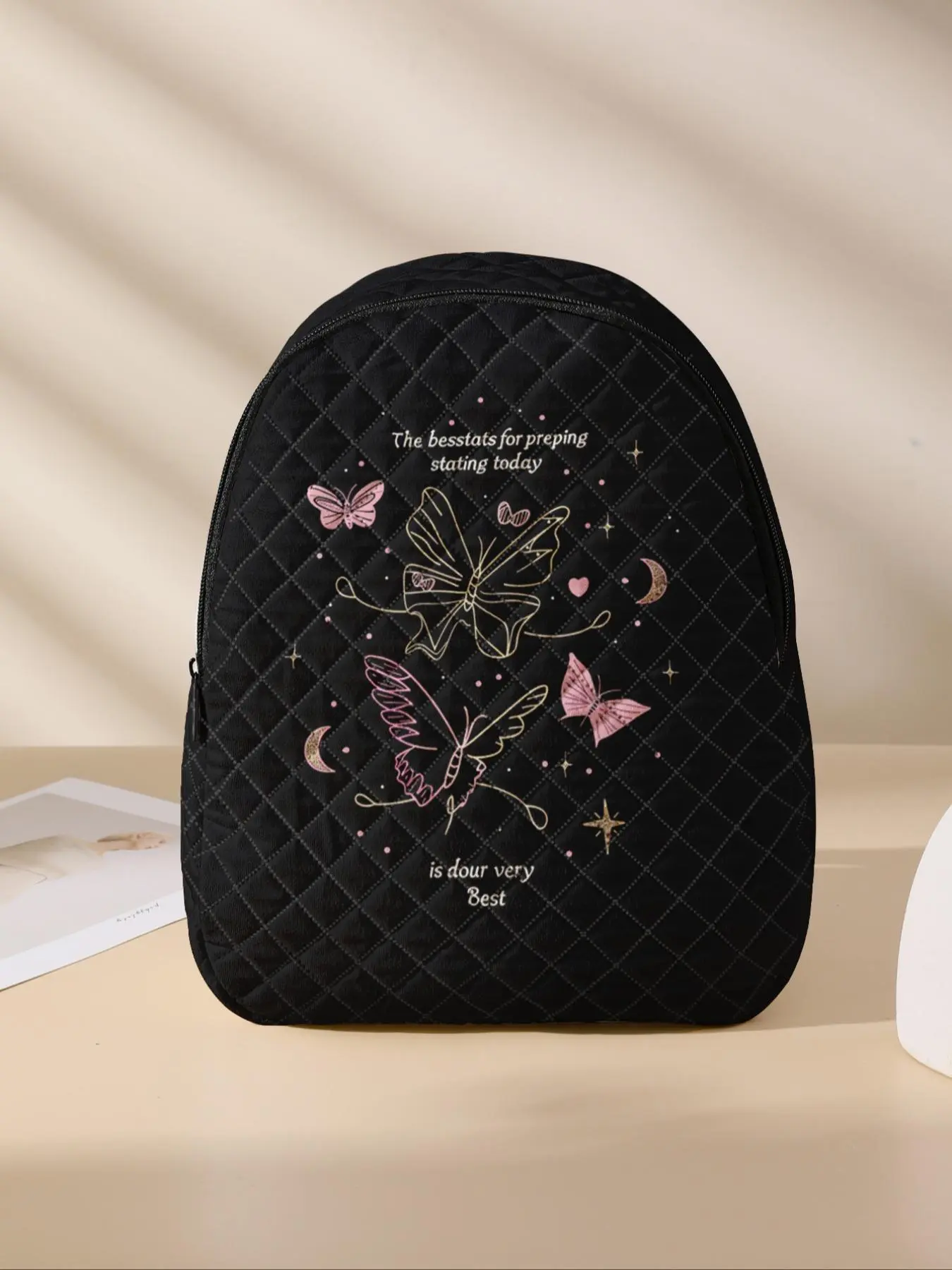 Butterfly Pattern Quilted Backpack, Lightweight Durable School Bag with Lunch Pocket, Cute Student Backpack for Primary School, Middle School and University, Cute Versatile Backpack