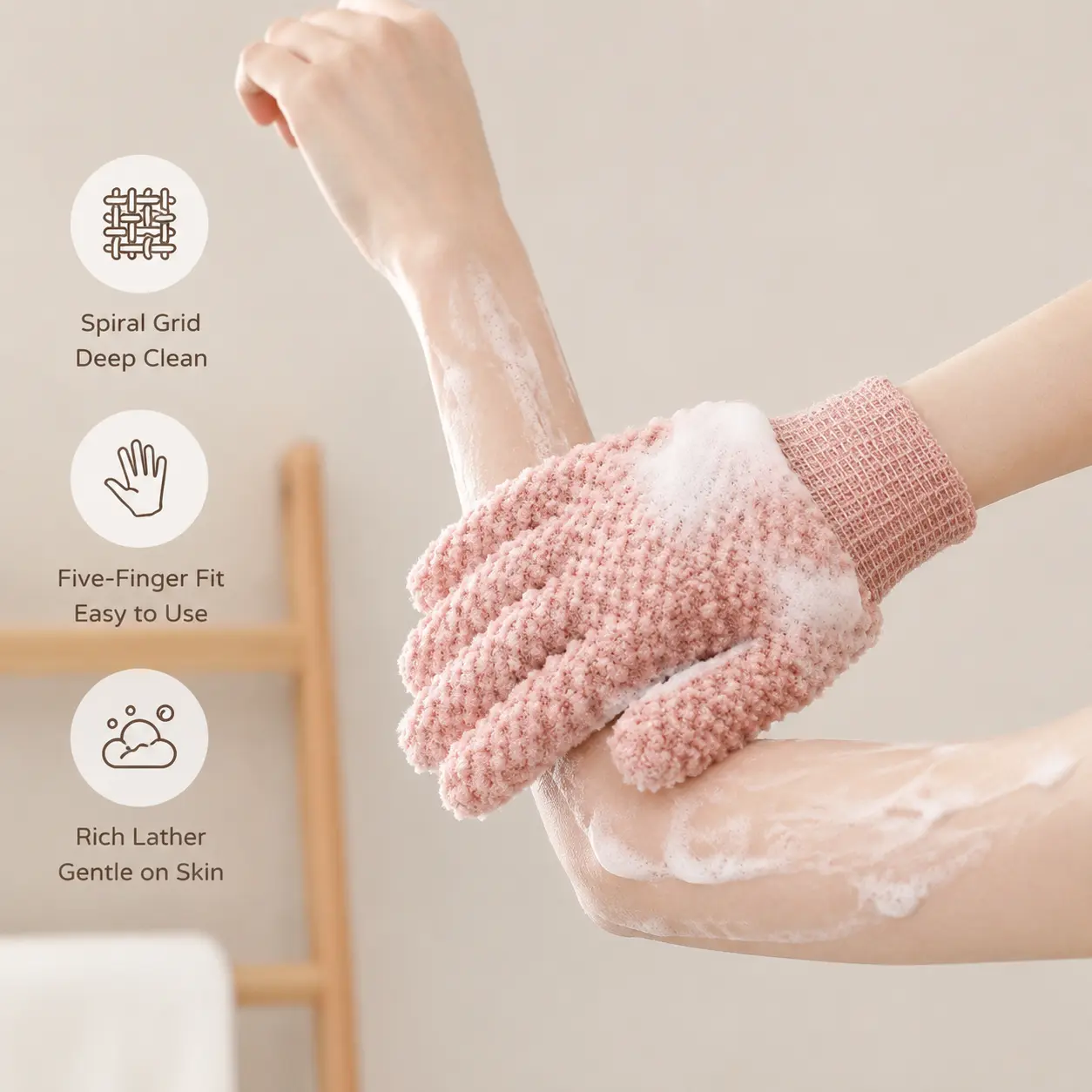 1 Count, Five-Finger Exfoliating Bath Glove, Spiral Raised Grid Texture, Elastic Wrist Cuff For Full Body Shower Cleansing