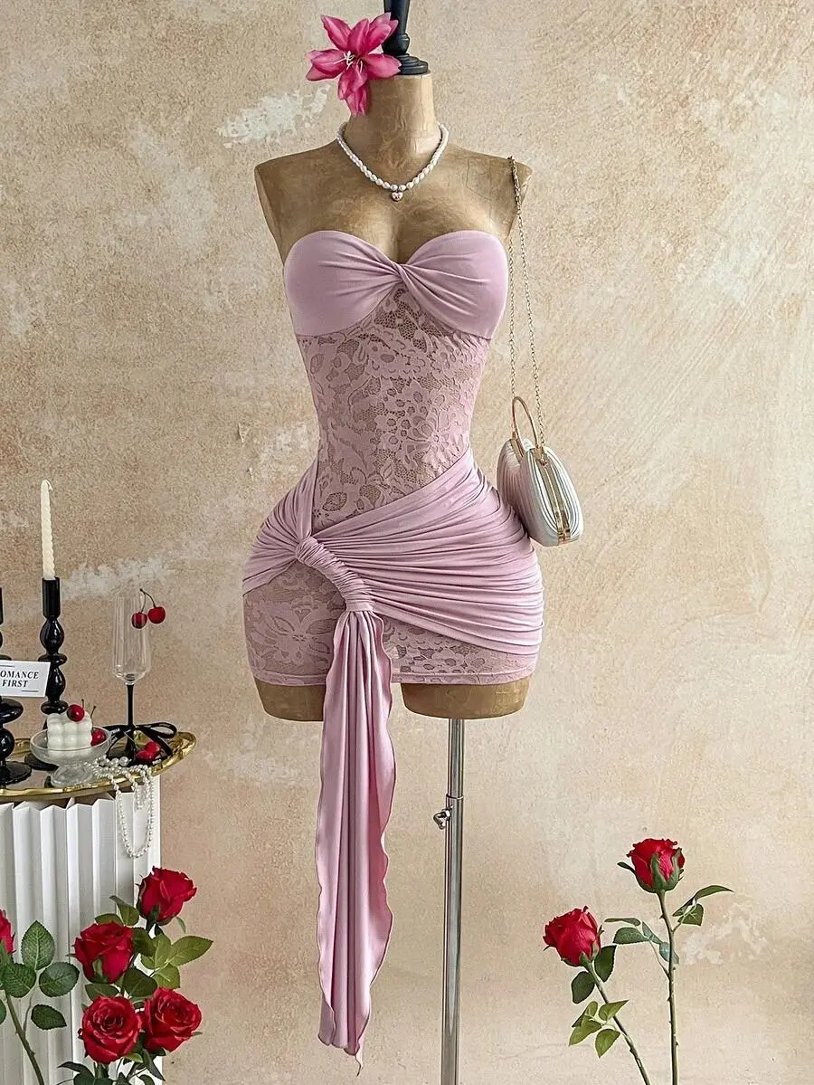 New Lace Twist Bandeau Vintage Pink Sheer Drawstring Hem Bodycon Mini Dress, Boho Style For Party, Banquet, Vacation, Holiday, Beach, Cruise,Pink