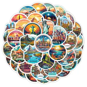 Travel Landmark Series Sticker, Round Self Adhesive Decorative Sticker, DIY Decals for Water Bottle, Laptop, Phone Case