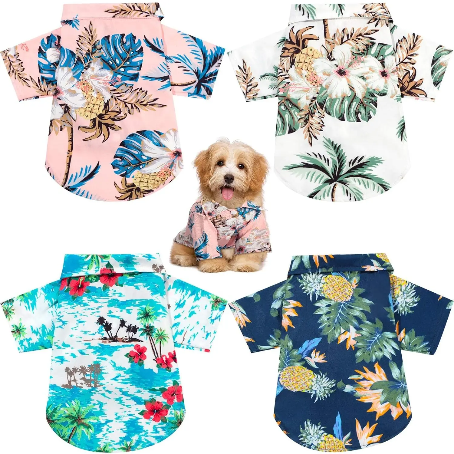 4 Pcs Pet Summer T-Shirts Set,Hawaii Style Floral Pet Dog Shirt Breathable Cool Clothes Beach Seaside Puppy Sweatshirt for Small Puppy,Christmas Party,Father's Day Gift,Summervibes