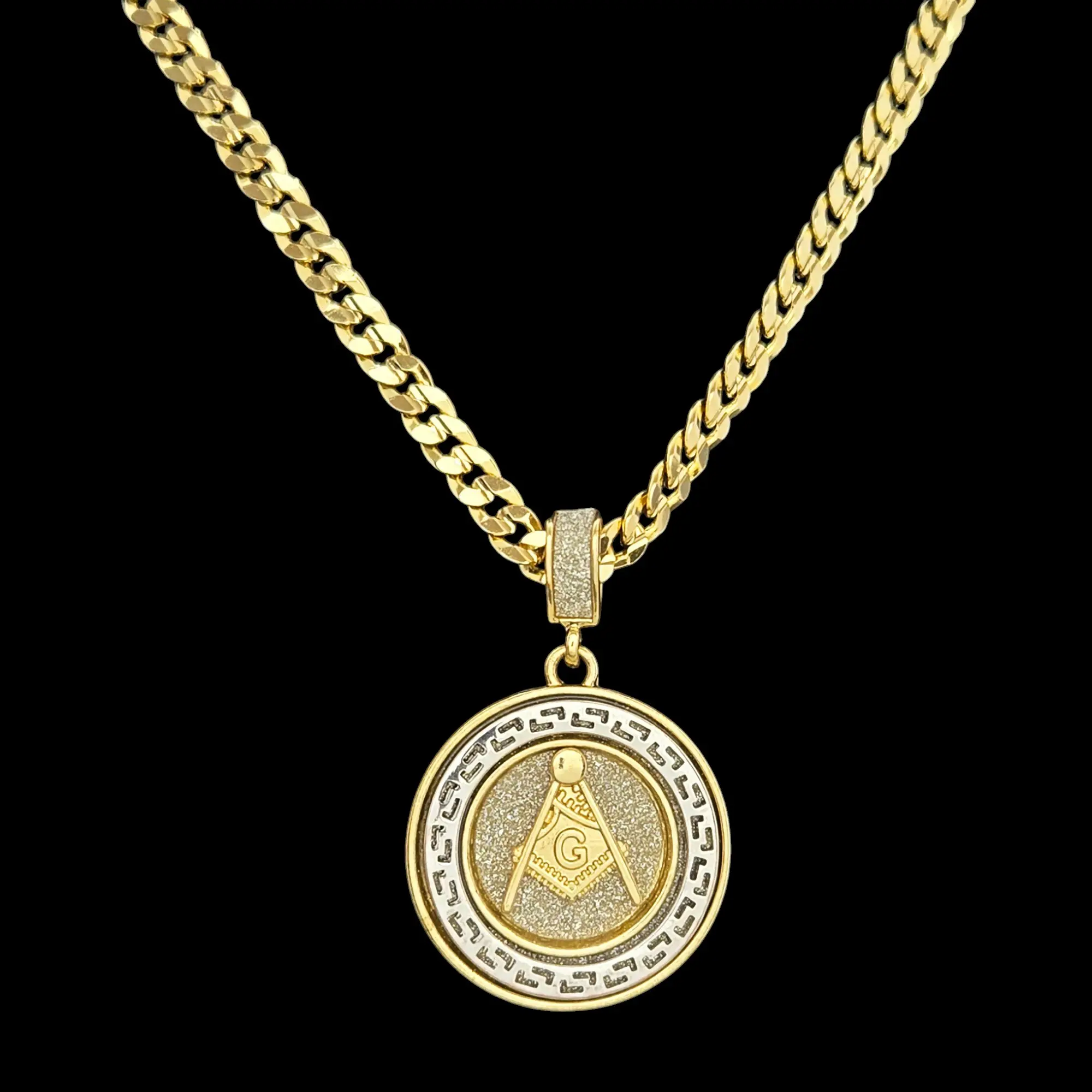 MaxBling81 Freemason Masonic Symbol Medal Pendant Necklace, 14K Stamped 5mm Brass Cuban Chain (20" or 24"), Hip Hop High-End Gold Statement Chain Fashion Costume Jewelry