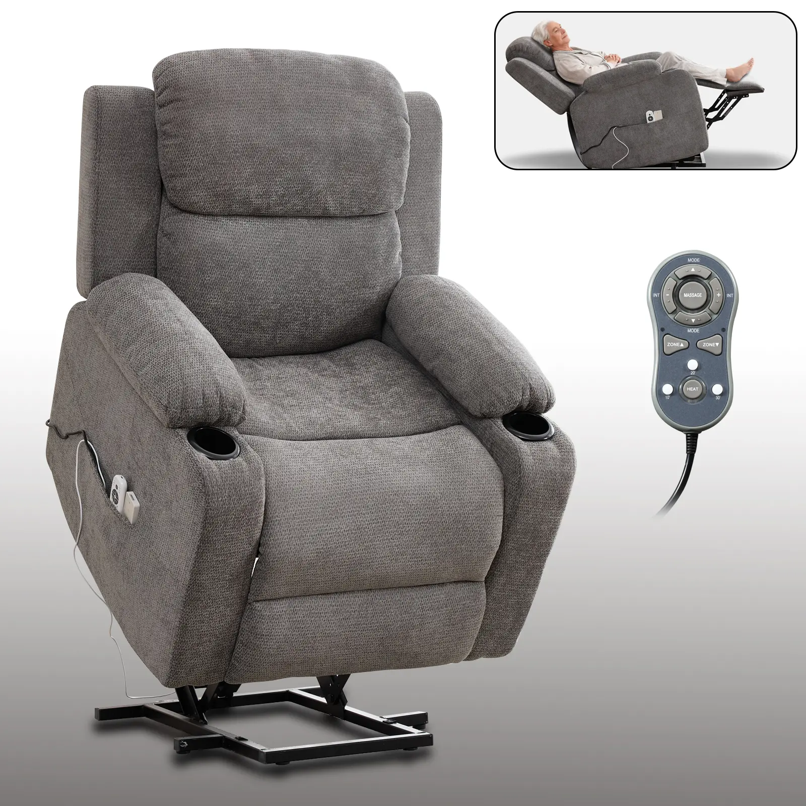 Infinite Position Single Motor Up to 350 LBS Power Lift Recliner Chair for Elderly, Heavy Duty Motion Mechanism with 8-Point Vibration Massage and Lumbar Heating, Cup Holders