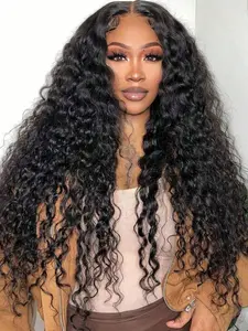Water Curly HD Transparent Lace Frontal Human Hair Wigs For Women Curly Textured Wigs 13*1 Part Lace Brazilian Deep Wave Lace Front Wig Curly Hair Pre Plucked Natural Black Color