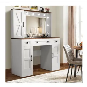 Farmhouse Vanity Desk with Mirror and Lights, Glass Tabletop Vanity with Charging Station, Vanity Table with 3 Drawers & 3 Cabinets, White Rustic Makeup Table for Bedroom On-Site