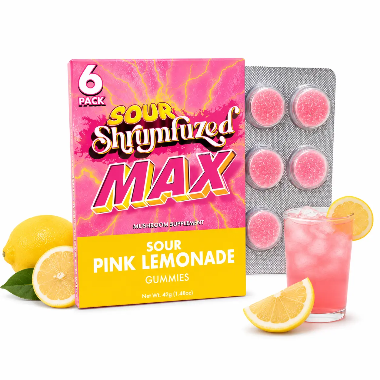 MAX Sour Pink Lemonade Fruit Gummies, 6 Count, High Potency Plant-Based Mushroom Gummies, Soft Chewy Gummies, 100% Organic Ingredients, High-Quality Formula, Freshness-Sealed, Secure Reusable Metal Tin, Travel-Friendly Packaging, Proudly Made in USA