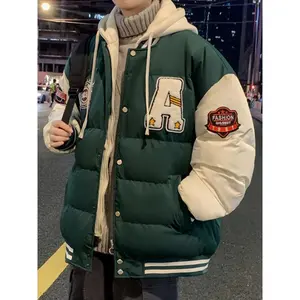 Men's Classic Red & White Hooded Puffer Jacket - 100% Polyester, Solid Color with Patches, Zip-Up Front, and Side Stripes - Warm & Stylish for Winter, Plus Size Jacket