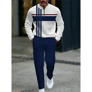 Men’s European and American sports set featuring a striped half-zip top crafted from high-quality polyester fabric—wrinkle-resistant and easy to care for—ideal for fitness and outdoor activities with a sporty, casual style.