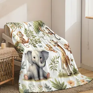 1pc gray digital printed grassland animal flannel blanket with leaves, elephants, giraffes and monkey elements for autumn cold-resistant nap blanket. Suitable for living room sofa and travel portable multi-purpose blanket-280GSM