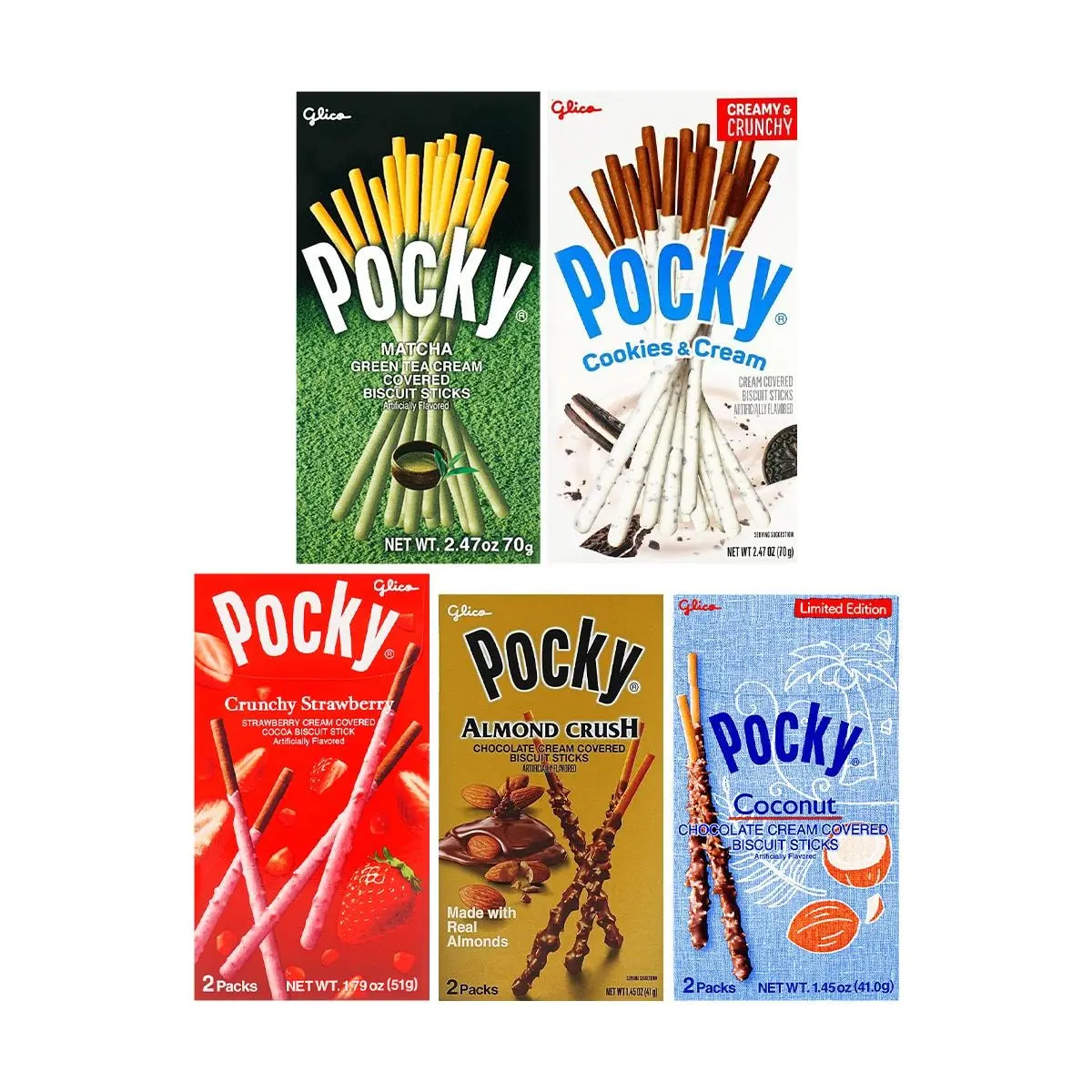 Glico Pocky Biscuit Sticks Variety Pack - 5 Flavors (Almond, Coconut, Strawberry, Oreo, Matcha) - 5 Boxes, 273g - Chocolate Coated Snack Assortment