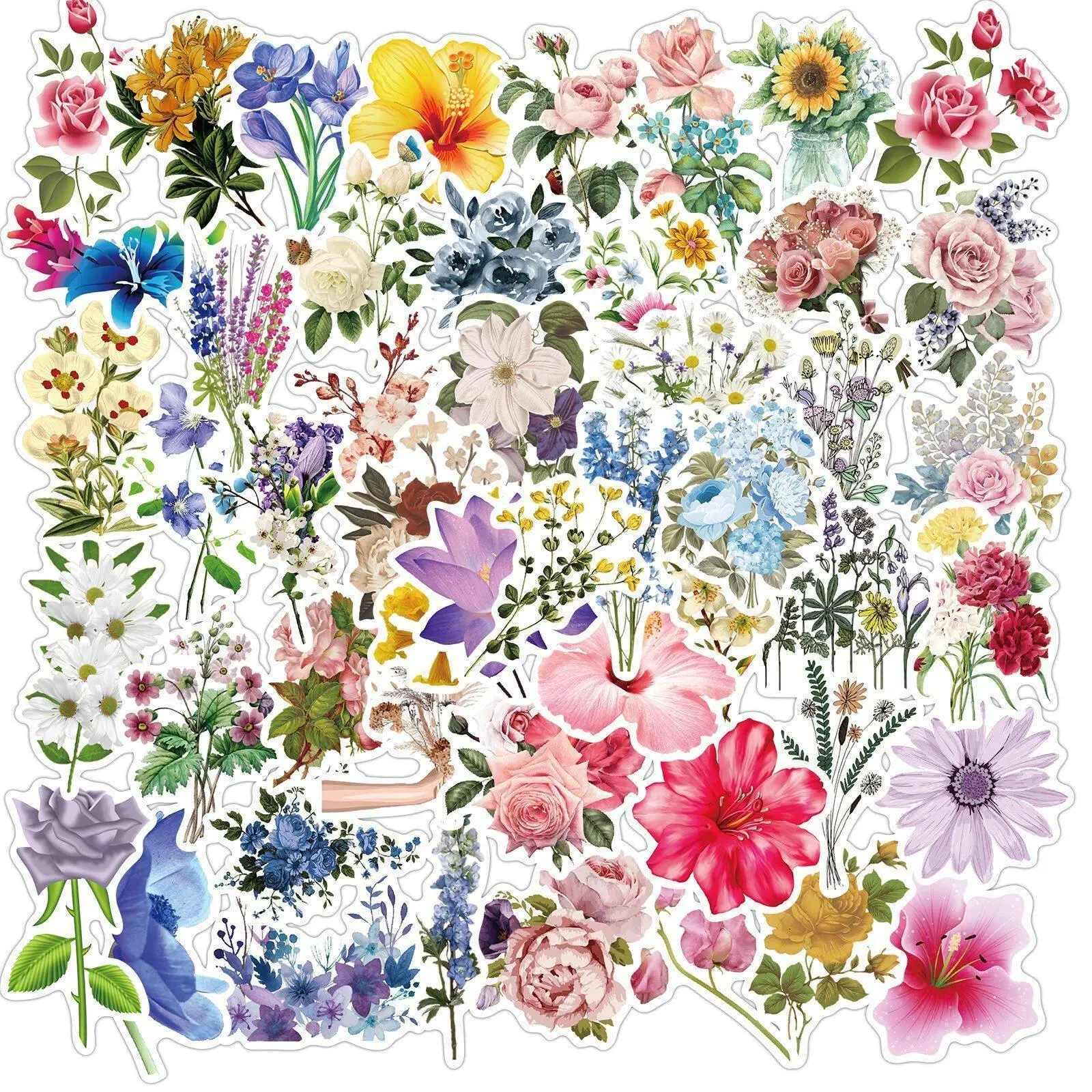 Floral Series Decorative Sticker (50pcs), Scrapbooking & Journal Making Material Paper, DIY Craft Decorative Sticker for Stationery Computer Water Bottle, Art Stickers, Sticker Packs, Sticker Set