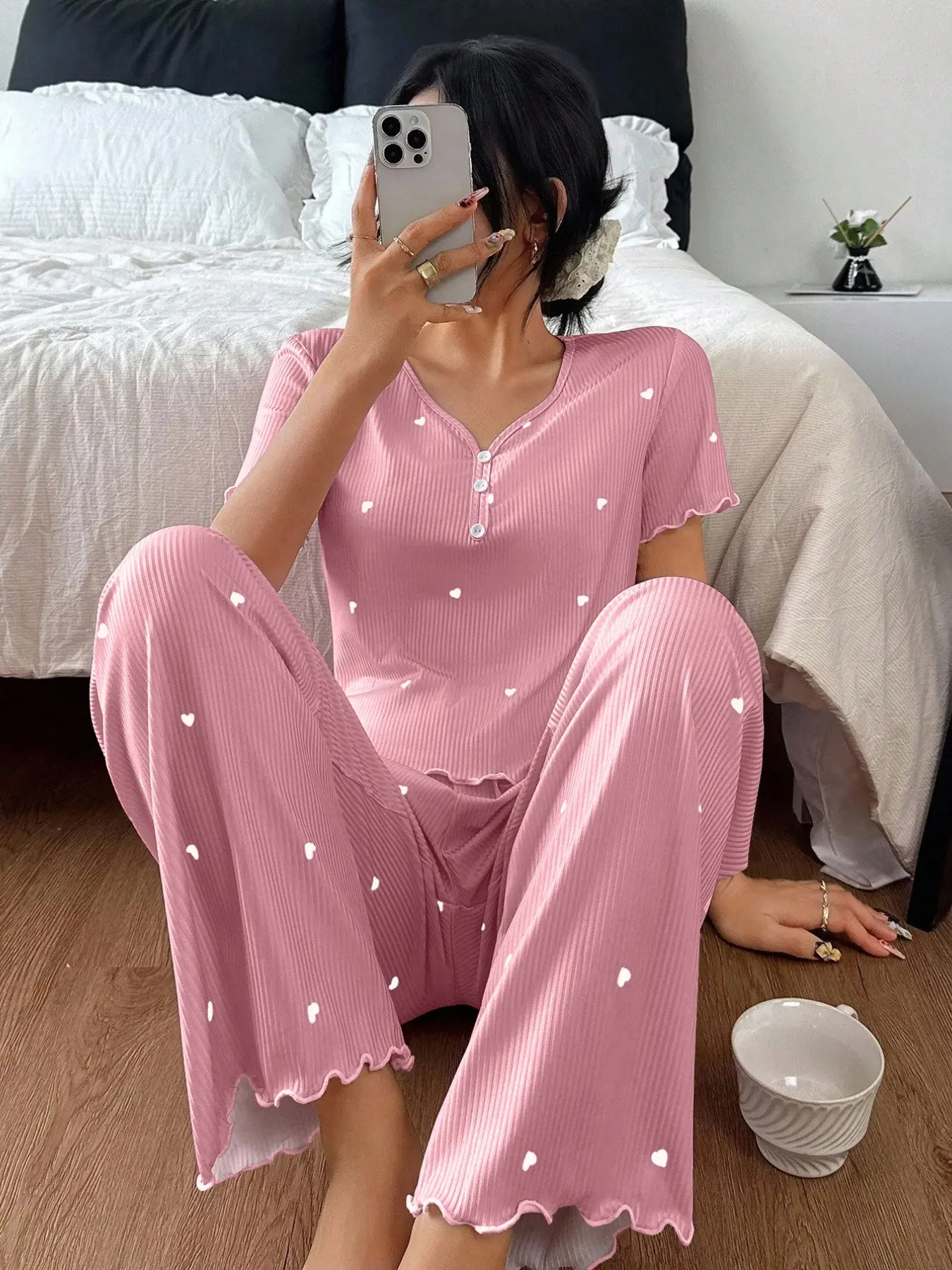 Spring Summer New Cute Heart Print Women's Pajama Set, Loungewear, V Neck Front Button Design, Elastic Fabric, Comfortable Breathable Soft Skin-Friendly